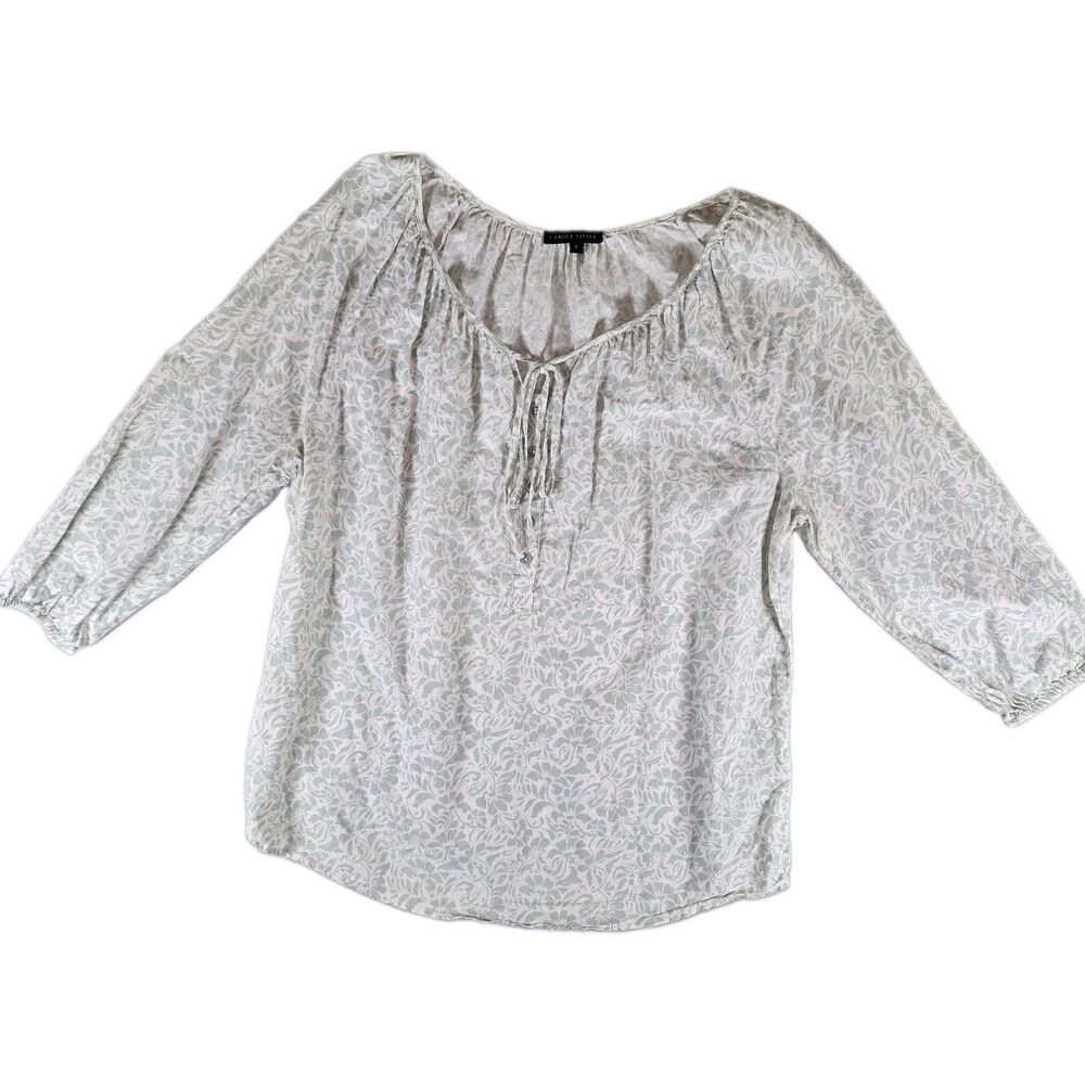 Carole Little Woman Floral Damask Peasant Blouse L Scoop Neck Linen Blend